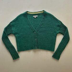 American Eagle Emerald Ribbed Cropped Cardigan V-Neck Button Front Size XS